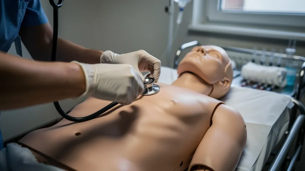 des etudiants infirmiers s exercent sur un mannequin medical dans une salle Des étudiants infirmiers s'exercent sur un mannequin médical dans une salle de simulation d'un IFSI.
