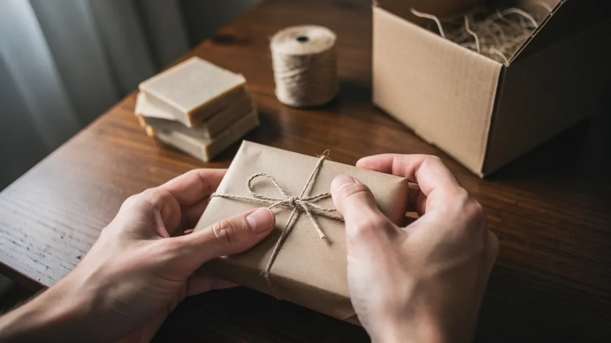 gros plan sur des mains posant une etiquette sur un savon avant de l emballer Gros plan sur des mains posant une étiquette sur un savon avant de l'emballer, sur une table à domicile.