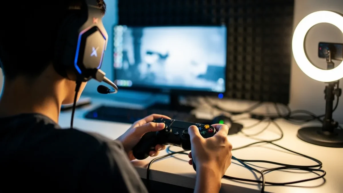 un adolescent joue a un jeu video devant une webcam casque sur les oreilles Un adolescent joue à un jeu vidéo devant une webcam, casque sur les oreilles, pour filmer sa partie.