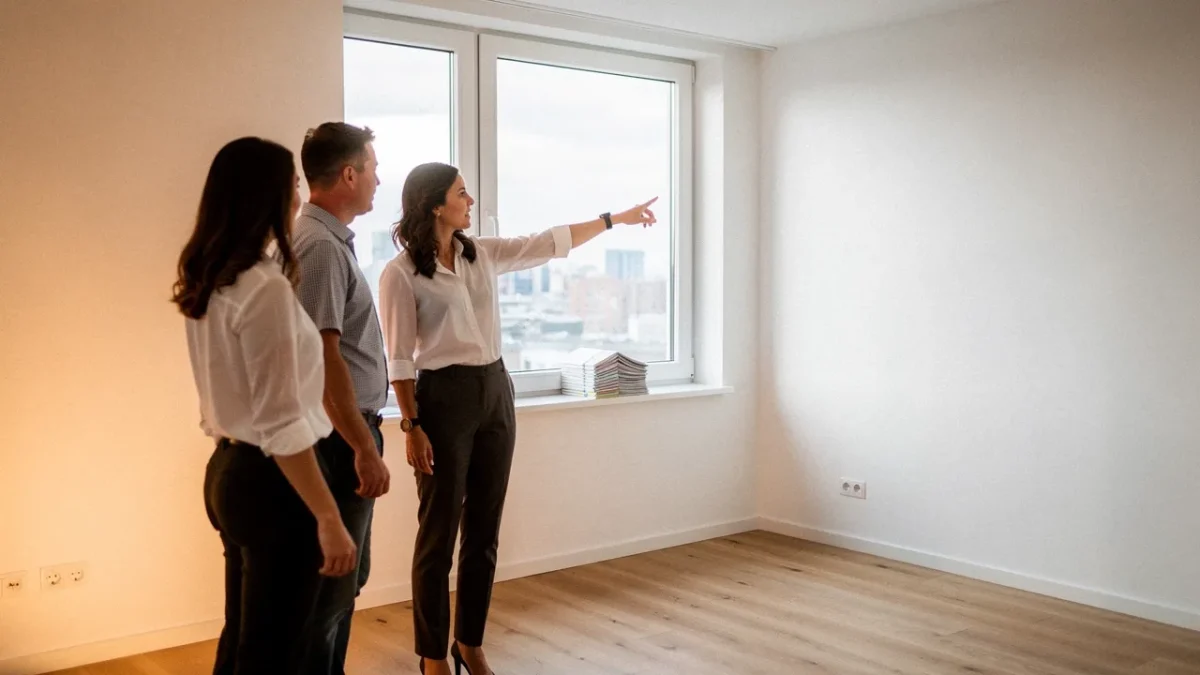 un agent immobilier accompagne un couple lors de la visite d un appartement Un agent immobilier accompagne un couple lors de la visite d'un appartement à vendre.