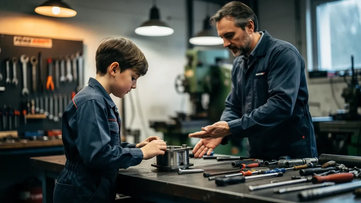 un apprenti en tenue de travail accomplit une tache pratique aux cotes Un apprenti en tenue de travail accomplit une tâche pratique aux côtés d'un artisan dans un atelier d'entreprise.