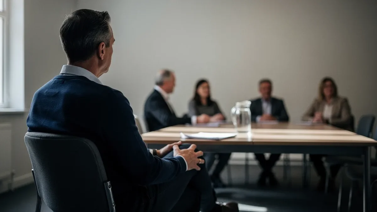 un candidat en entretien oral face a un jury compose de plusieurs personnes Un candidat en entretien oral face à un jury composé de plusieurs personnes assises autour d'une table.