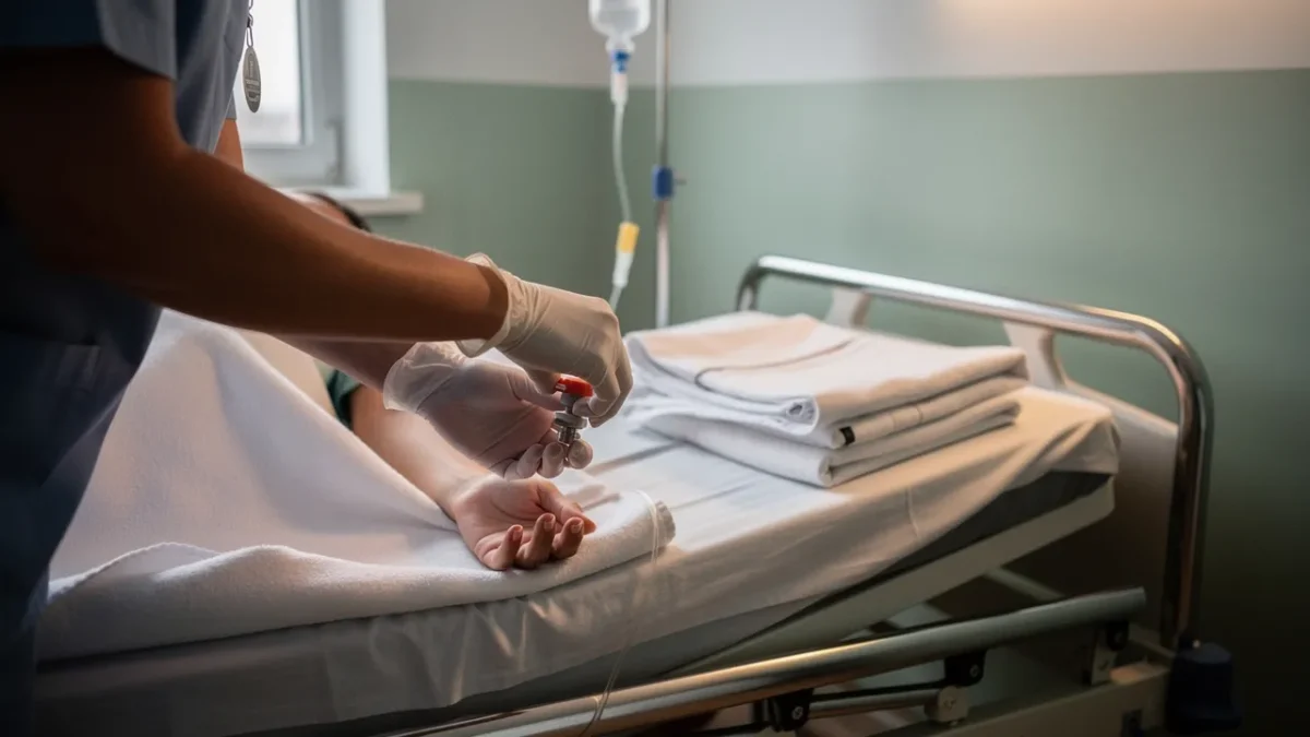 un infirmier verifie une perfusion au chevet d un patient dans une chambre Un infirmier vérifie une perfusion au chevet d'un patient dans une chambre d'hôpital.