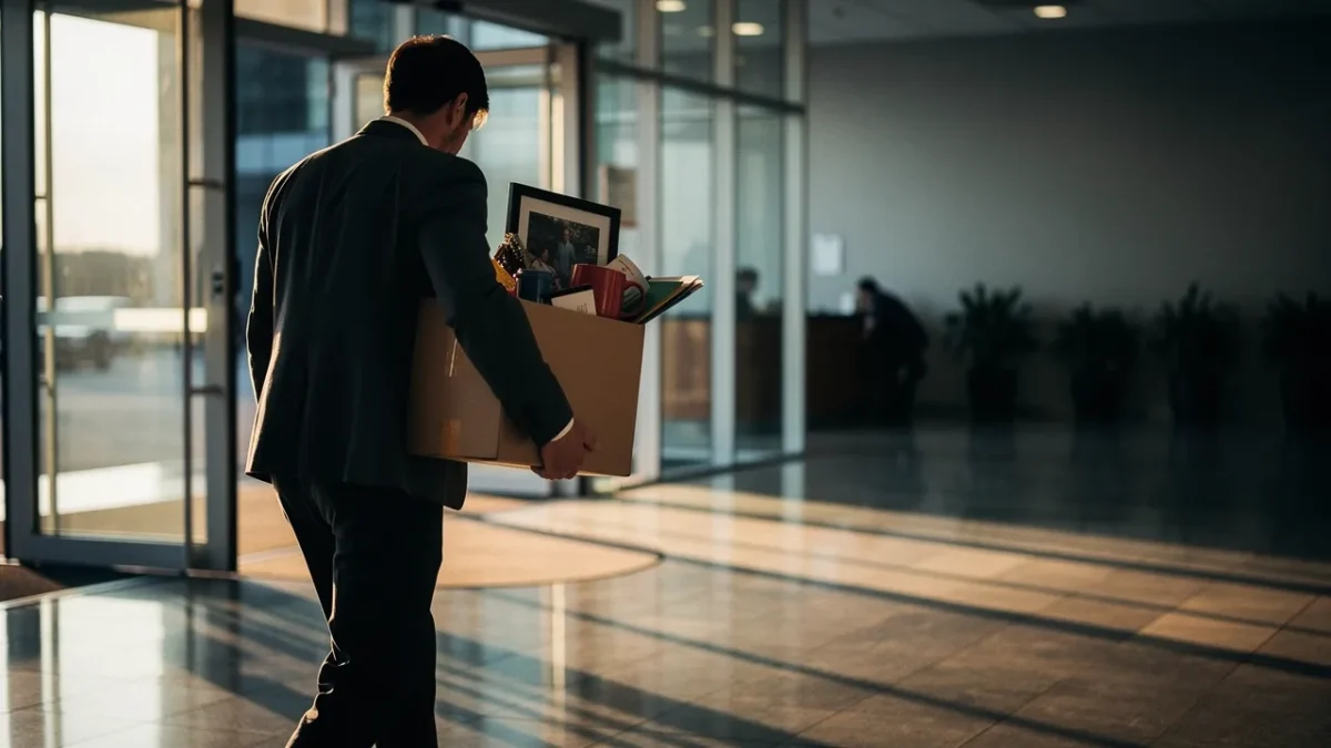 un salarie sort d un immeuble de bureaux en portant un carton rempli d objets Un salarié sort d'un immeuble de bureaux en portant un carton rempli d'objets personnels.