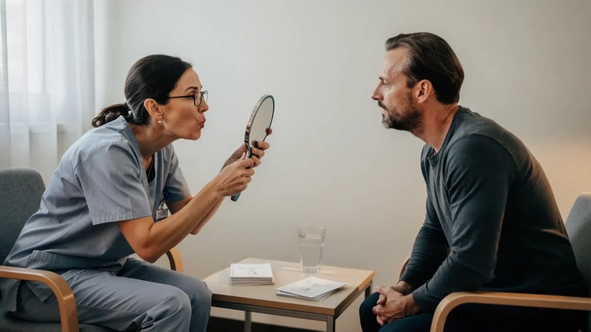 un stagiaire en orthophonie accompagne un patient adulte lors d un Un stagiaire en orthophonie accompagne un patient adulte lors d'un exercice de rééducation de la voix.