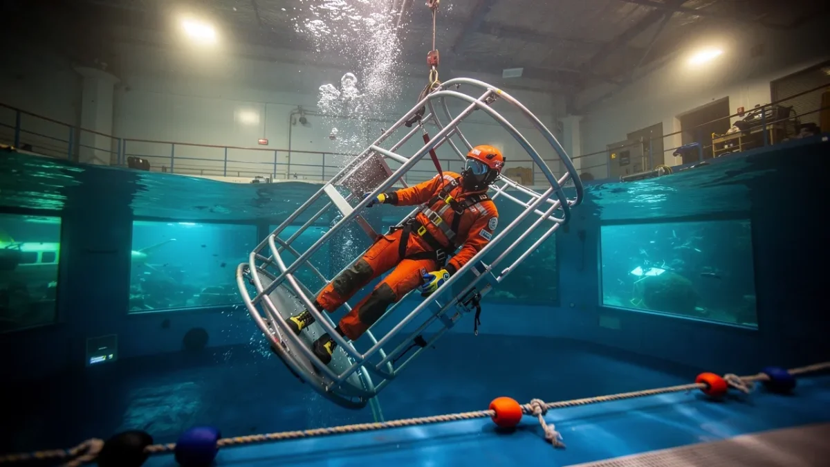 un stagiaire equipe d un gilet de sauvetage s exerce dans une cabine Un stagiaire équipé d'un gilet de sauvetage s'exerce dans une cabine d'hélicoptère simulée et immergée, lors d'une formation de sécurité offshore HUET.