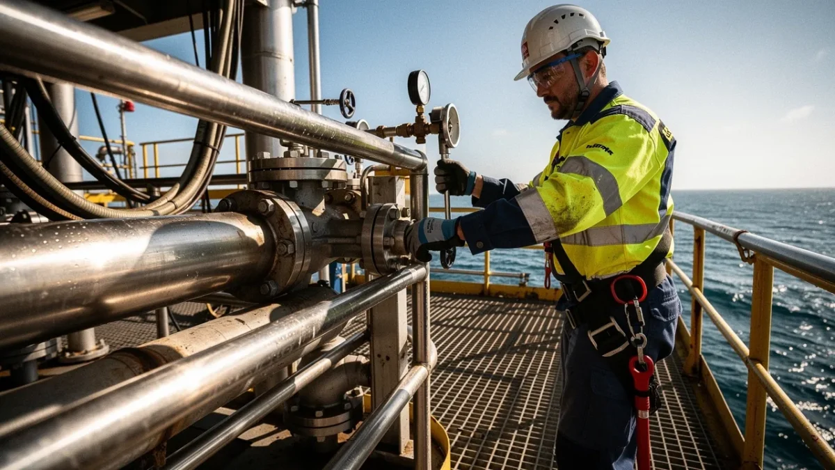 un technicien casque et equipe d un gilet de sauvetage controle un equipement Un technicien casqué et équipé d'un gilet de sauvetage contrôle un équipement métallique sur une plateforme pétrolière offshore.
