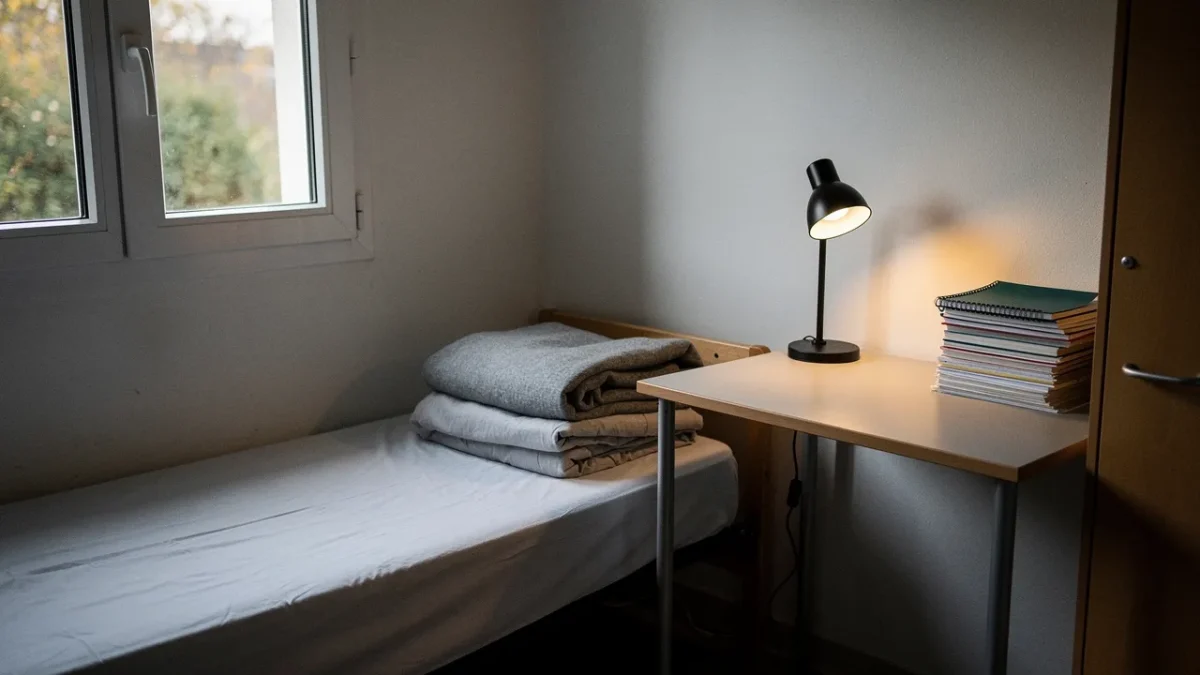 une chambre simple et meublee dans une residence etudiante crous avec un lit Une chambre simple et meublée dans une résidence étudiante CROUS, avec un lit, un bureau et une fenêtre donnant sur l'extérieur.