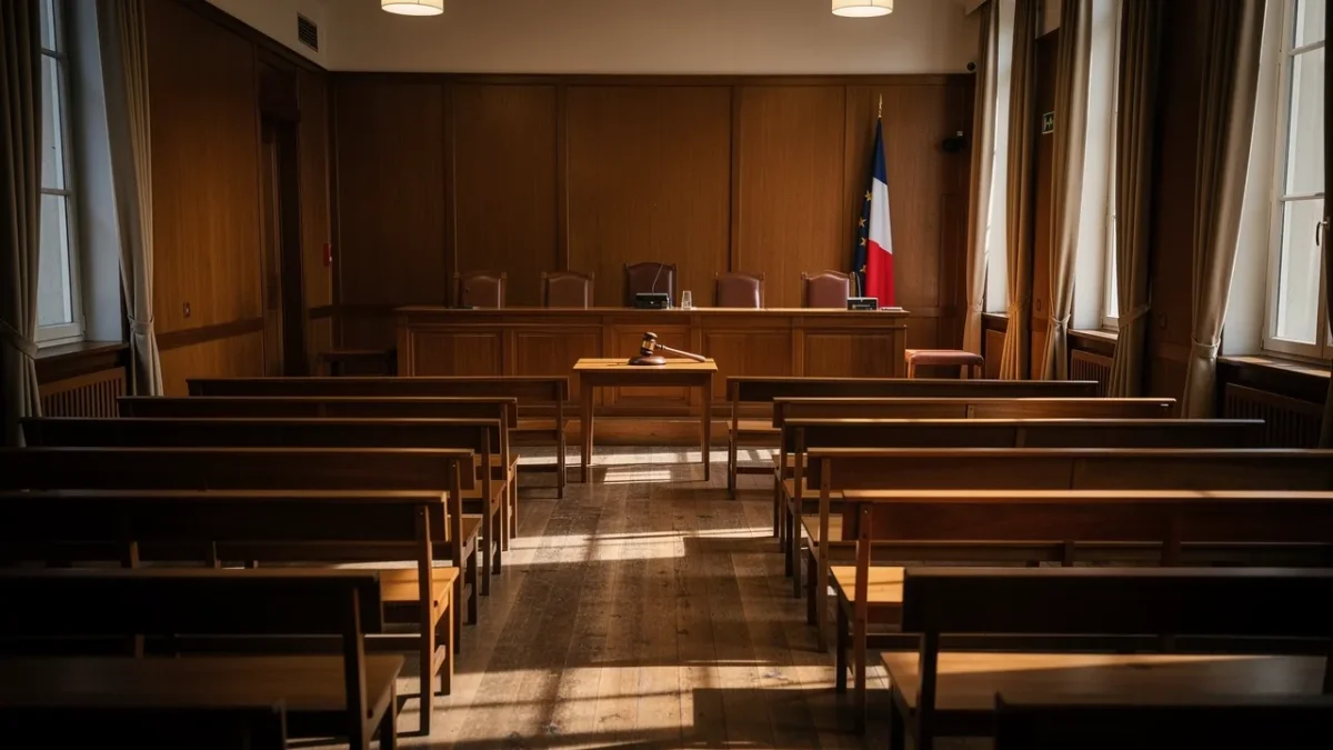 une salle d audience vide de tribunal avec des bancs en bois et un pupitre Une salle d'audience vide de tribunal, avec des bancs en bois et un pupitre.