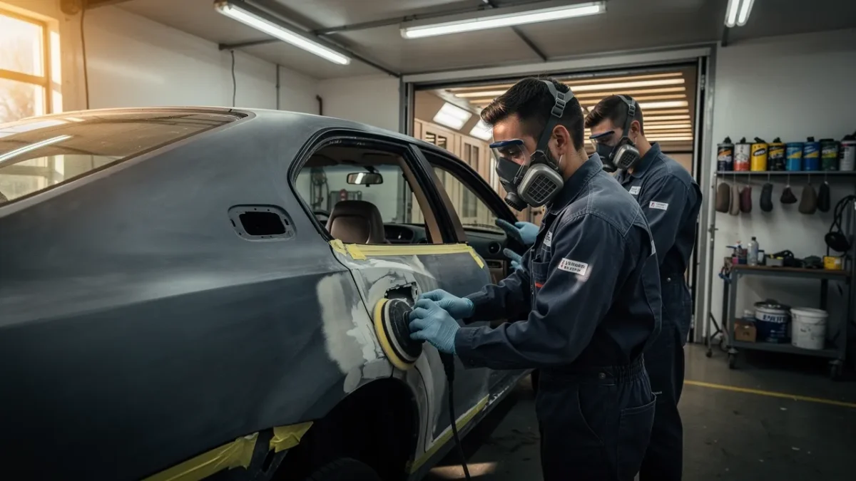 apprentis en tenue de travail en train de preparer la carrosserie d une voiture Apprentis en tenue de travail en train de préparer la carrosserie d'une voiture dans un atelier de carrosserie-peinture.